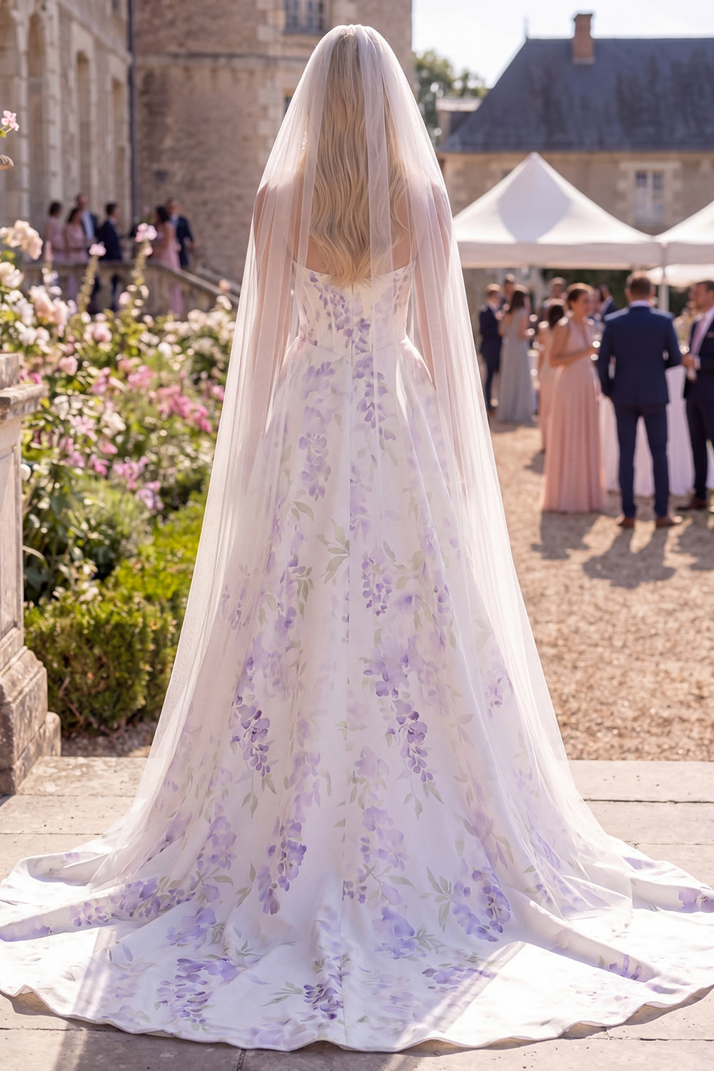 White Purple Flower A Line Sweep Train Corset Beach Wedding Dress with Veils