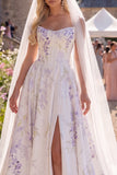 White Purple Flower A Line Sweep Train Corset Beach Wedding Dress with Veils