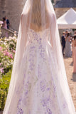 White Purple Flower A Line Sweep Train Corset Beach Wedding Dress with Veils