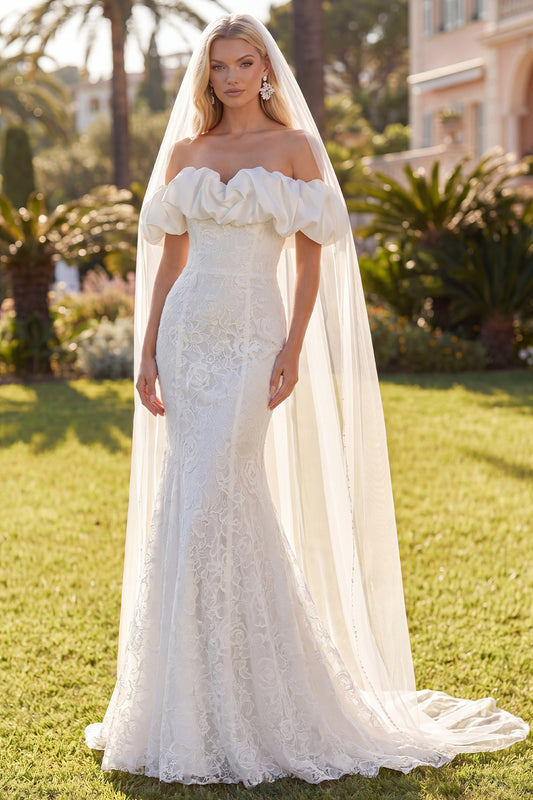 White Lace Mermaid Floral Sweep Train Boho Wedding Dress with Veils