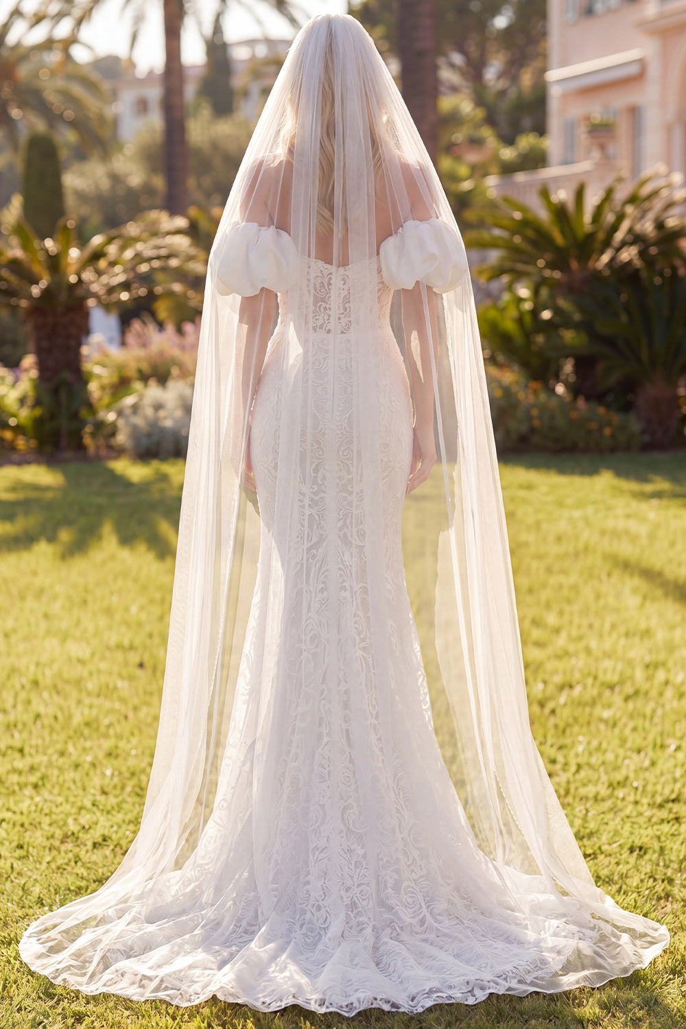 White Lace Mermaid Floral Sweep Train Boho Wedding Dress with Veils