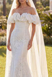 White Lace Mermaid Floral Sweep Train Boho Wedding Dress with Veils
