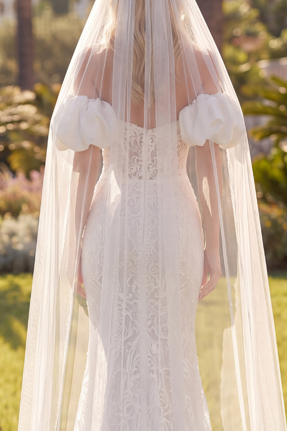White Lace Mermaid Floral Sweep Train Boho Wedding Dress with Veils