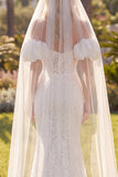 White Lace Mermaid Floral Sweep Train Boho Wedding Dress with Veils