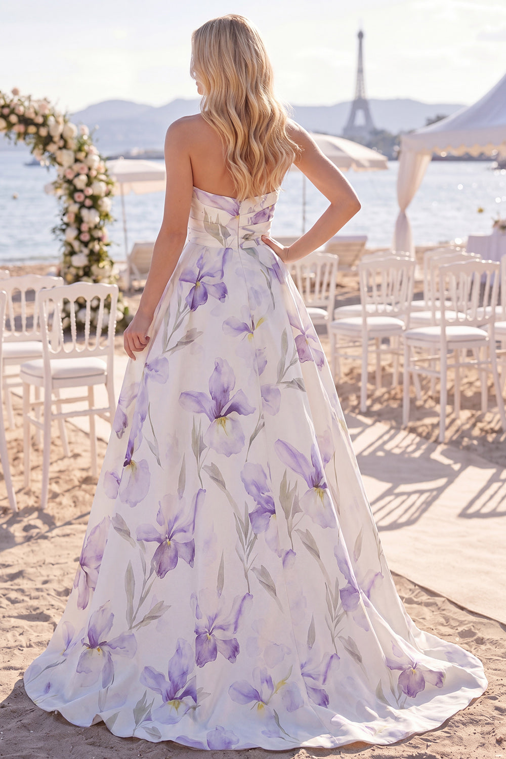 White Purple Flower A Line Sweep Train Ruched Beach Wedding Dress with Slit