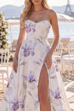 White Purple Flower A Line Sweep Train Ruched Beach Wedding Dress with Slit