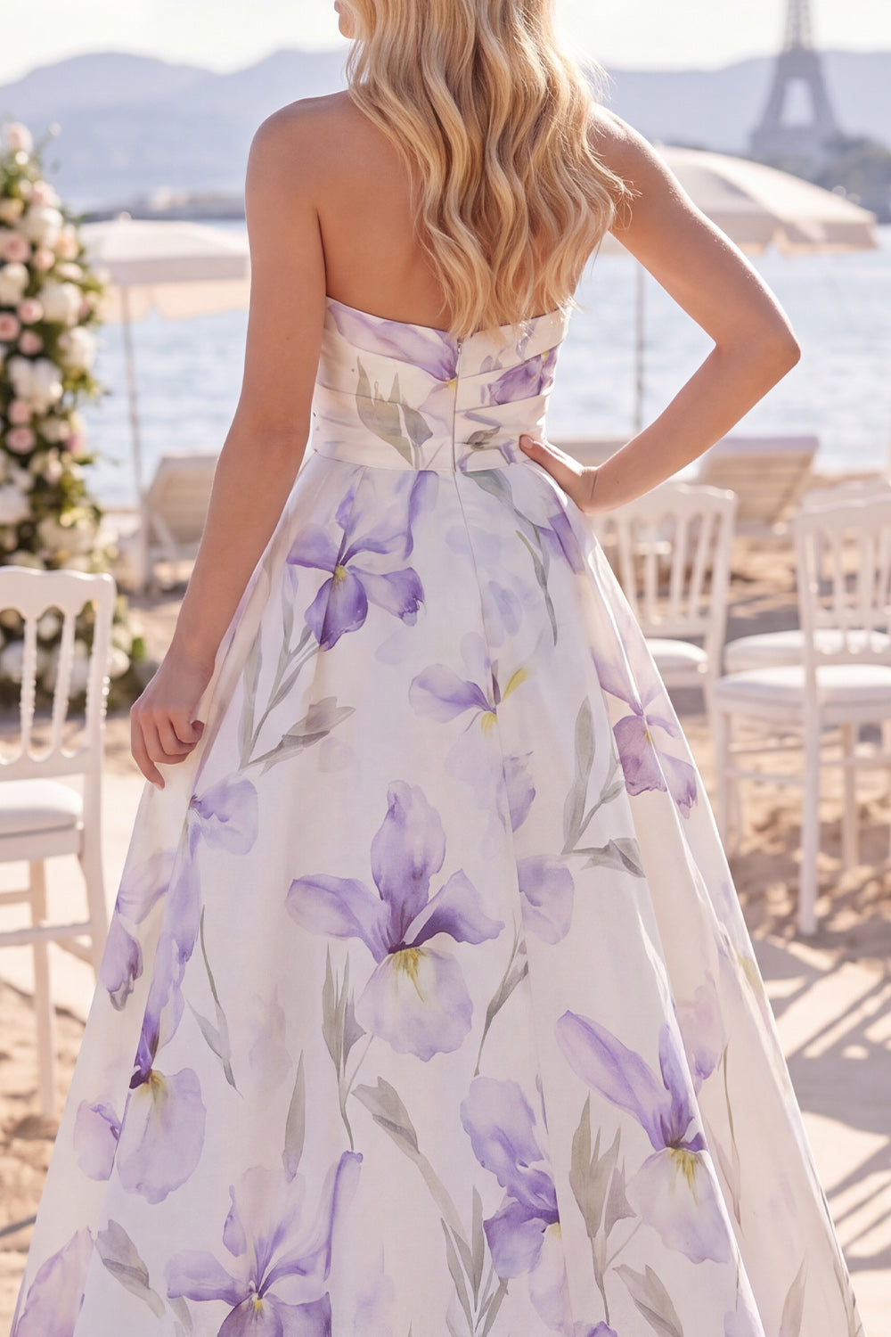 White Purple Flower A Line Sweep Train Ruched Beach Wedding Dress with Slit