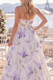 White Purple Flower A Line Sweep Train Ruched Beach Wedding Dress with Slit