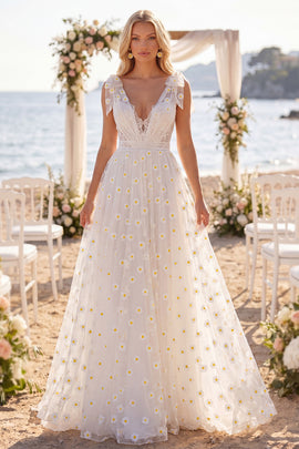 White Floral A Line Sweep Train V-Neck Beach Wedding Dress with Bows