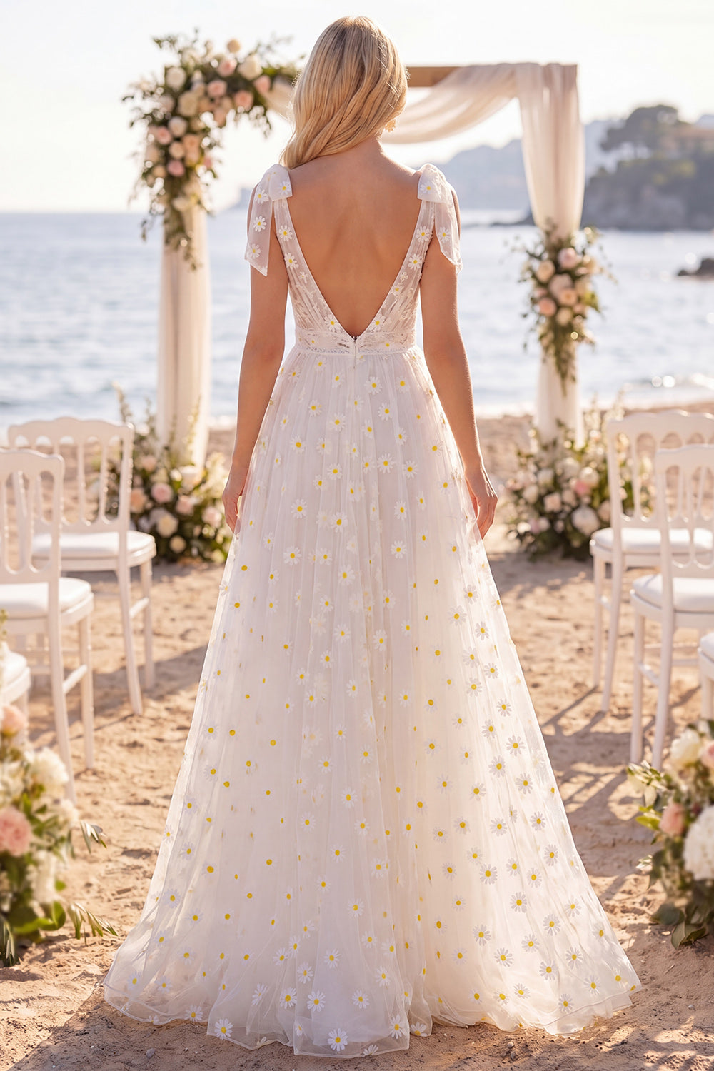 White Floral A Line Sweep Train V-Neck Beach Wedding Dress with Bows