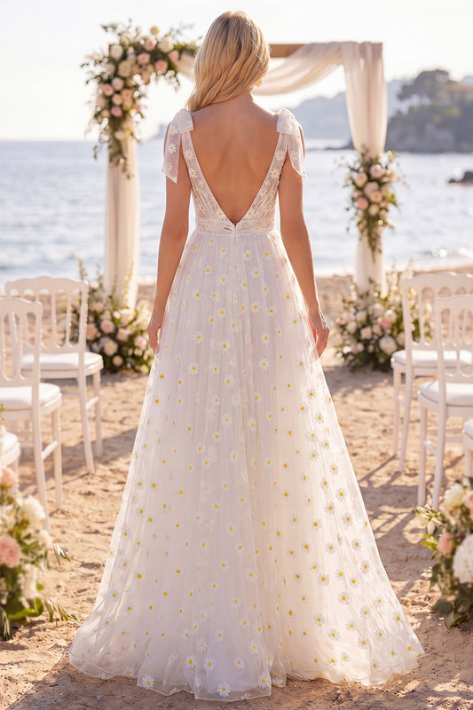 White Floral A Line Sweep Train V-Neck Beach Wedding Dress with Bows