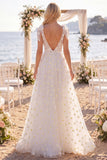 White Floral A Line Sweep Train V-Neck Beach Wedding Dress with Bows