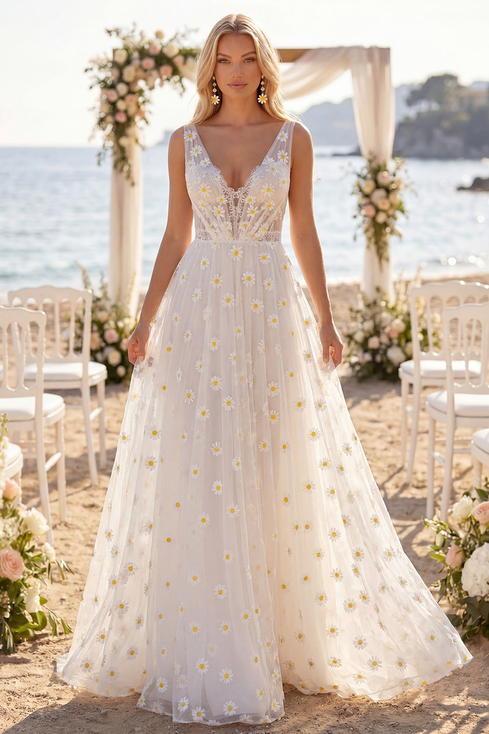White Floral A Line Sweep Train V-Neck Beach Wedding Dress with Bows