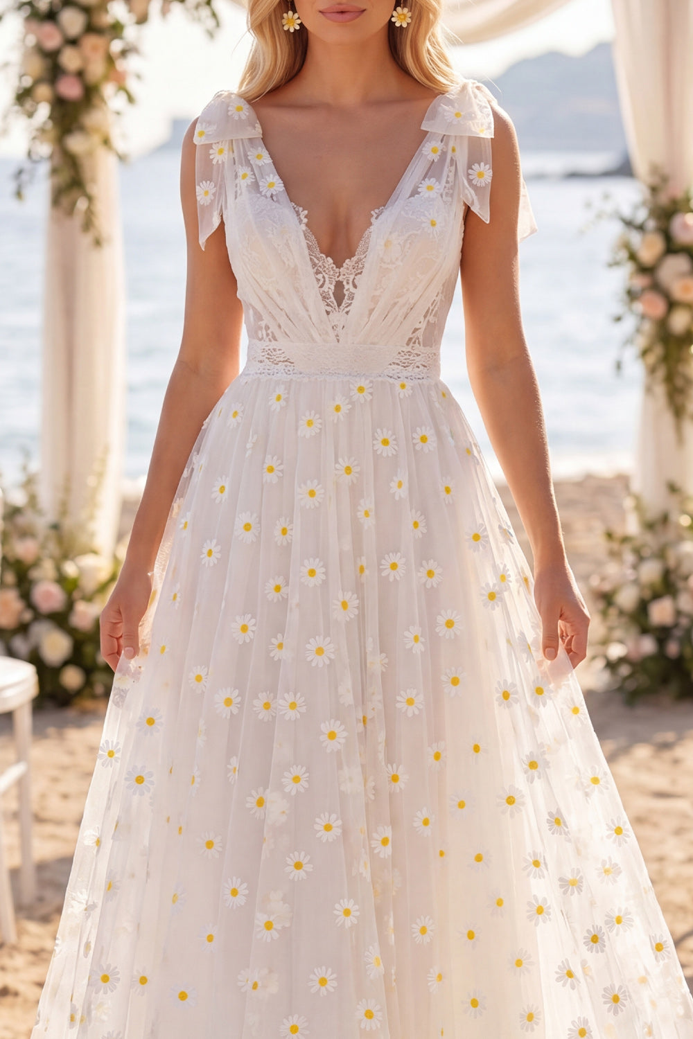 White Floral A Line Sweep Train V-Neck Beach Wedding Dress with Bows