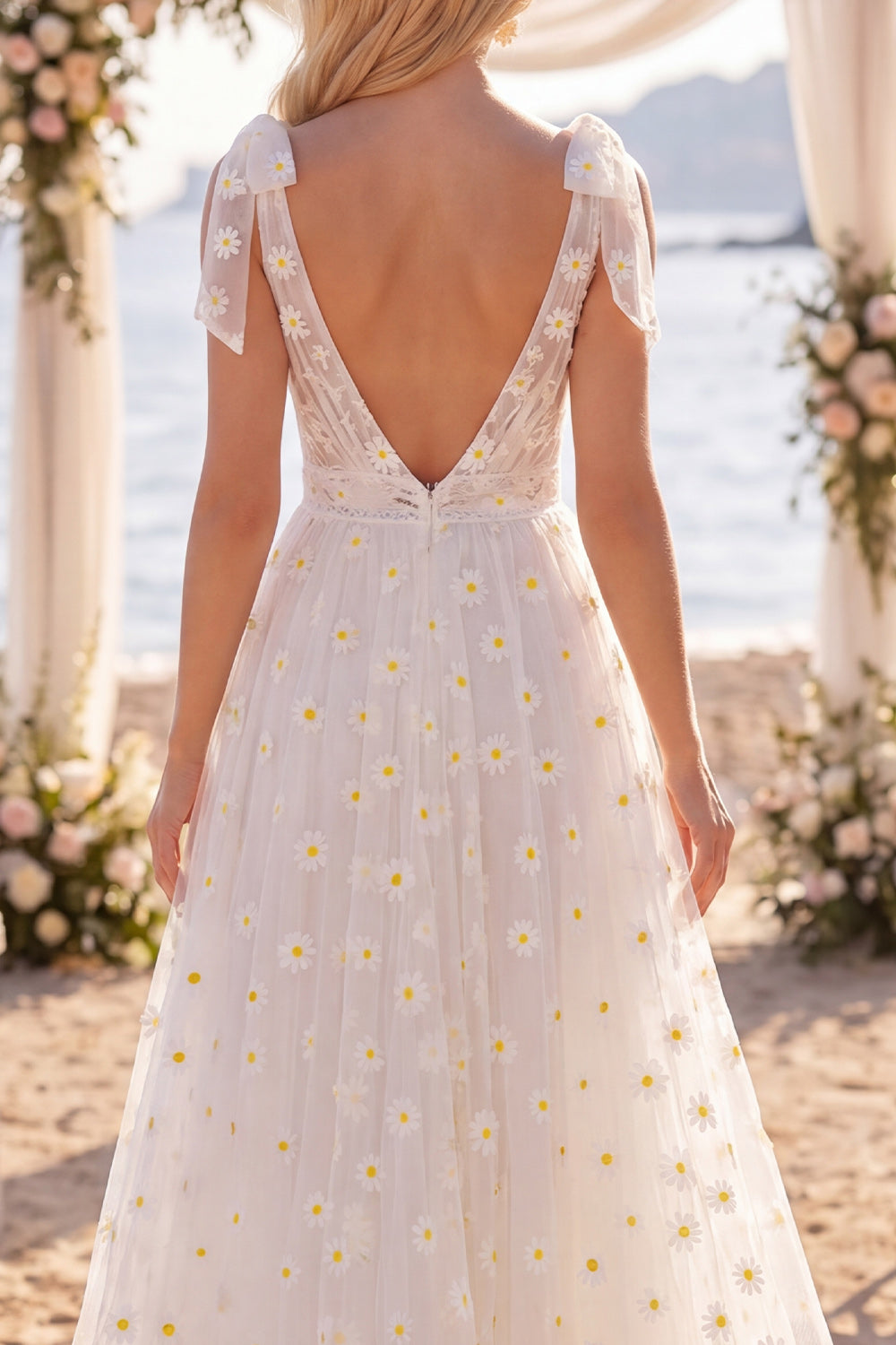 White Floral A Line Sweep Train V-Neck Beach Wedding Dress with Bows