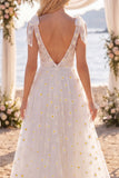 White Floral A Line Sweep Train V-Neck Beach Wedding Dress with Bows