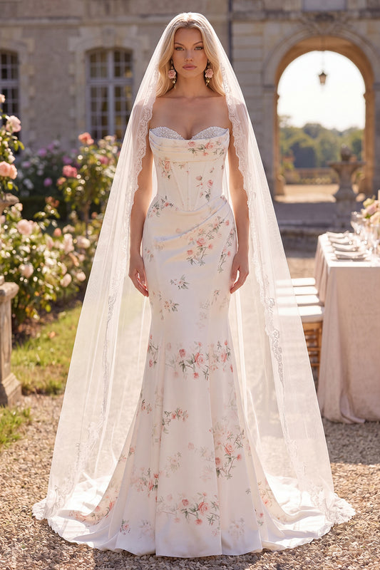 White Red Flower Corset Sweep Train Mermaid Beach Wedding Dress with Veils