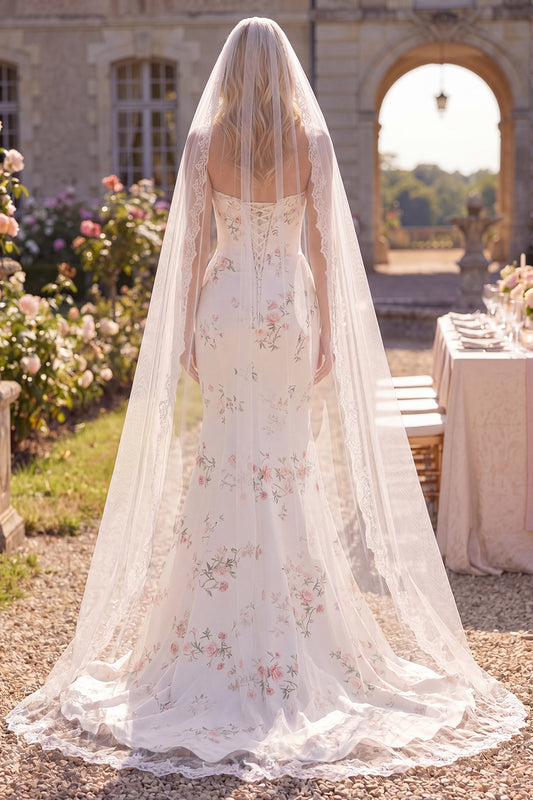 White Red Flower Corset Sweep Train Mermaid Beach Wedding Dress with Veils