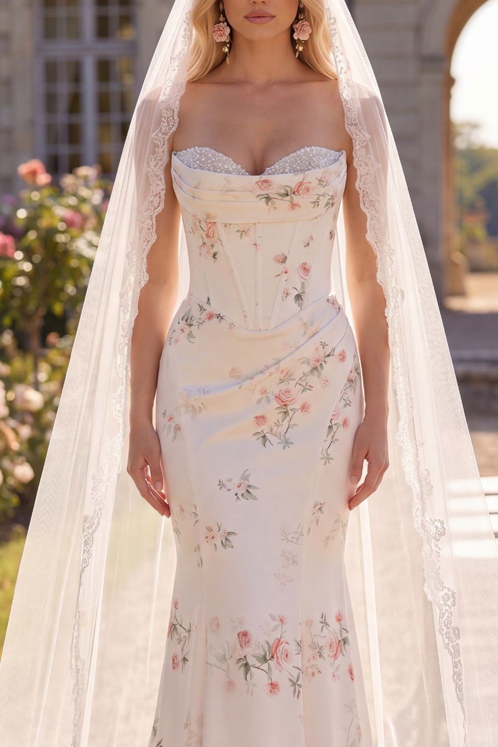 White Red Flower Corset Sweep Train Mermaid Beach Wedding Dress with Veils