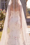 White Red Flower Corset Sweep Train Mermaid Beach Wedding Dress with Veils