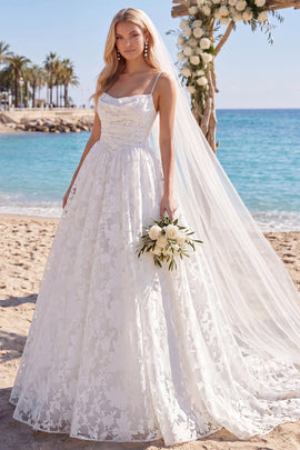 White Lace A Line Sweep Train Floral Ruched Beach Wedding Dress with Veils