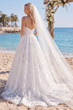 White Lace A Line Sweep Train Floral Ruched Beach Wedding Dress with Veils