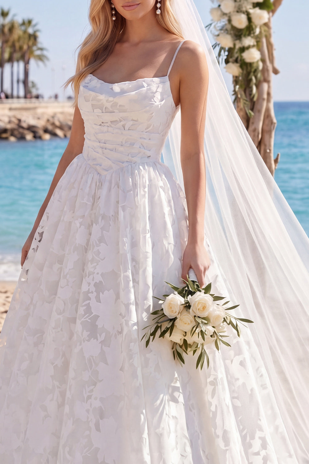 White Lace A Line Sweep Train Floral Ruched Beach Wedding Dress with Veils