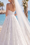 White Lace A Line Sweep Train Floral Ruched Beach Wedding Dress with Veils