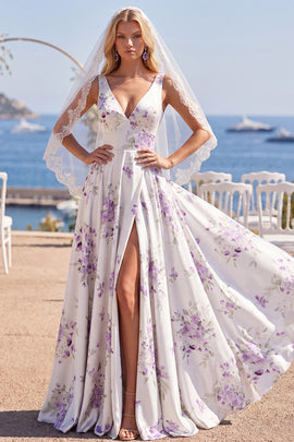 V-Neck White Purple Flower A Line Sweep Train Beach Wedding Dress with Veils
