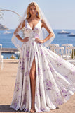 V-Neck White Purple Flower A Line Sweep Train Beach Wedding Dress with Veils