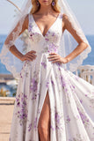 V-Neck White Purple Flower A Line Sweep Train Beach Wedding Dress with Veils
