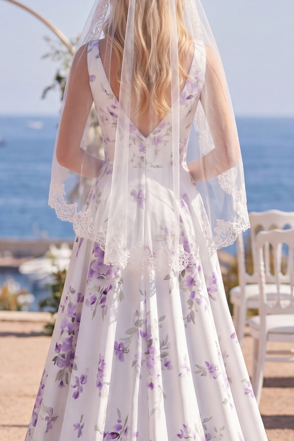 V-Neck White Purple Flower A Line Sweep Train Beach Wedding Dress with Veils