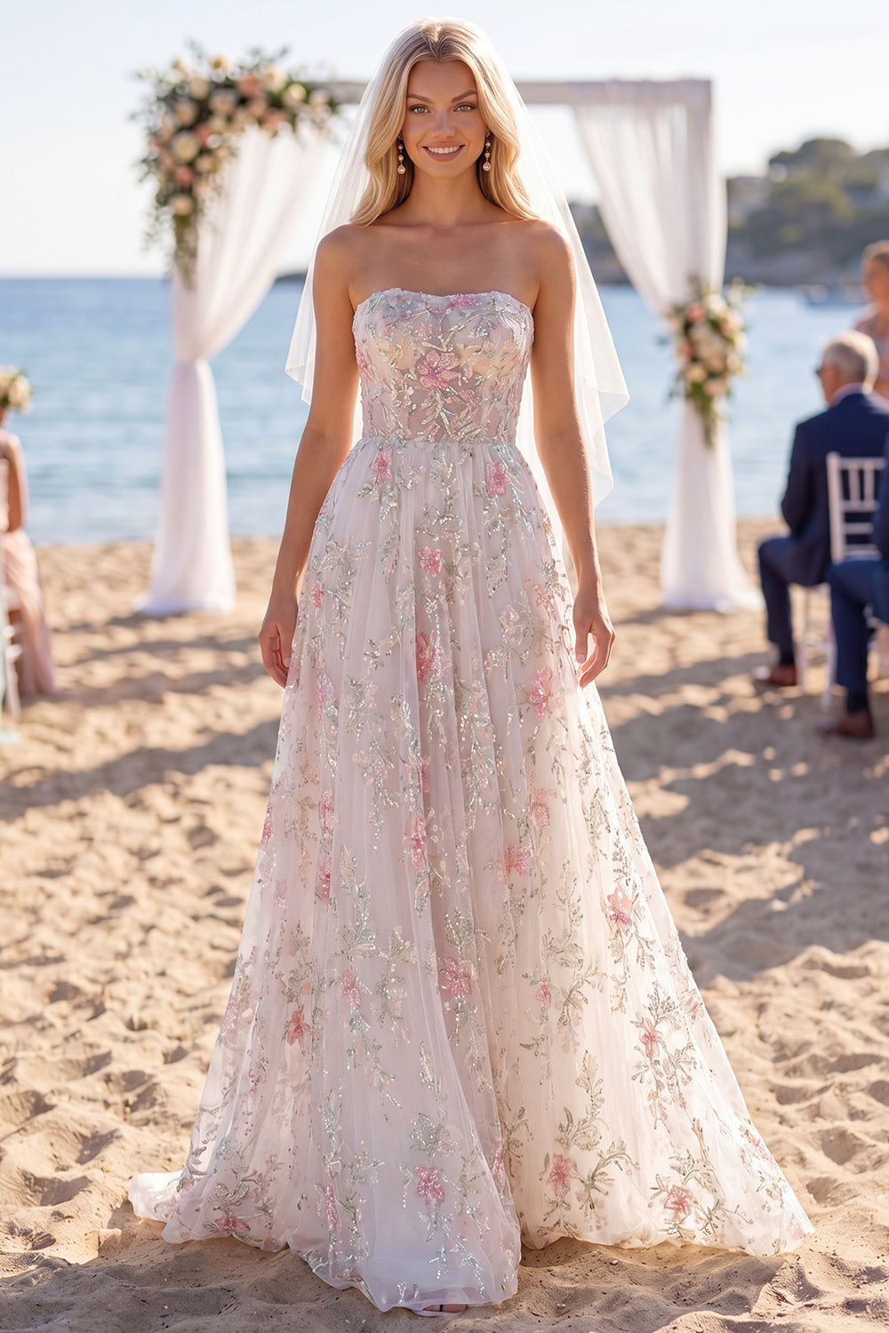 Sparkly White Pink Flower A Line Sweep Train Strapless Wedding Dress with Veils
