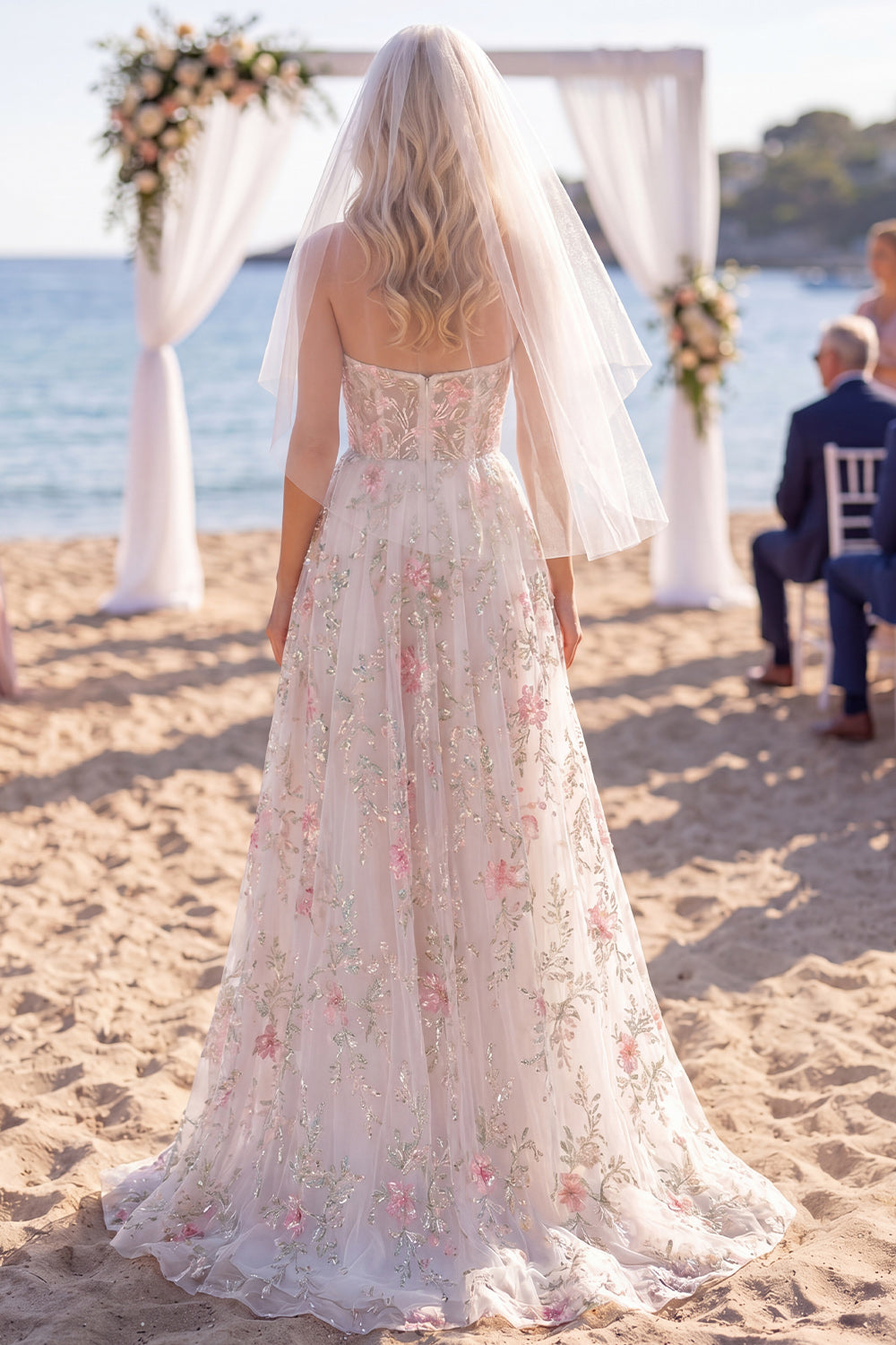 Sparkly White Pink Flower A Line Sweep Train Strapless Wedding Dress with Veils