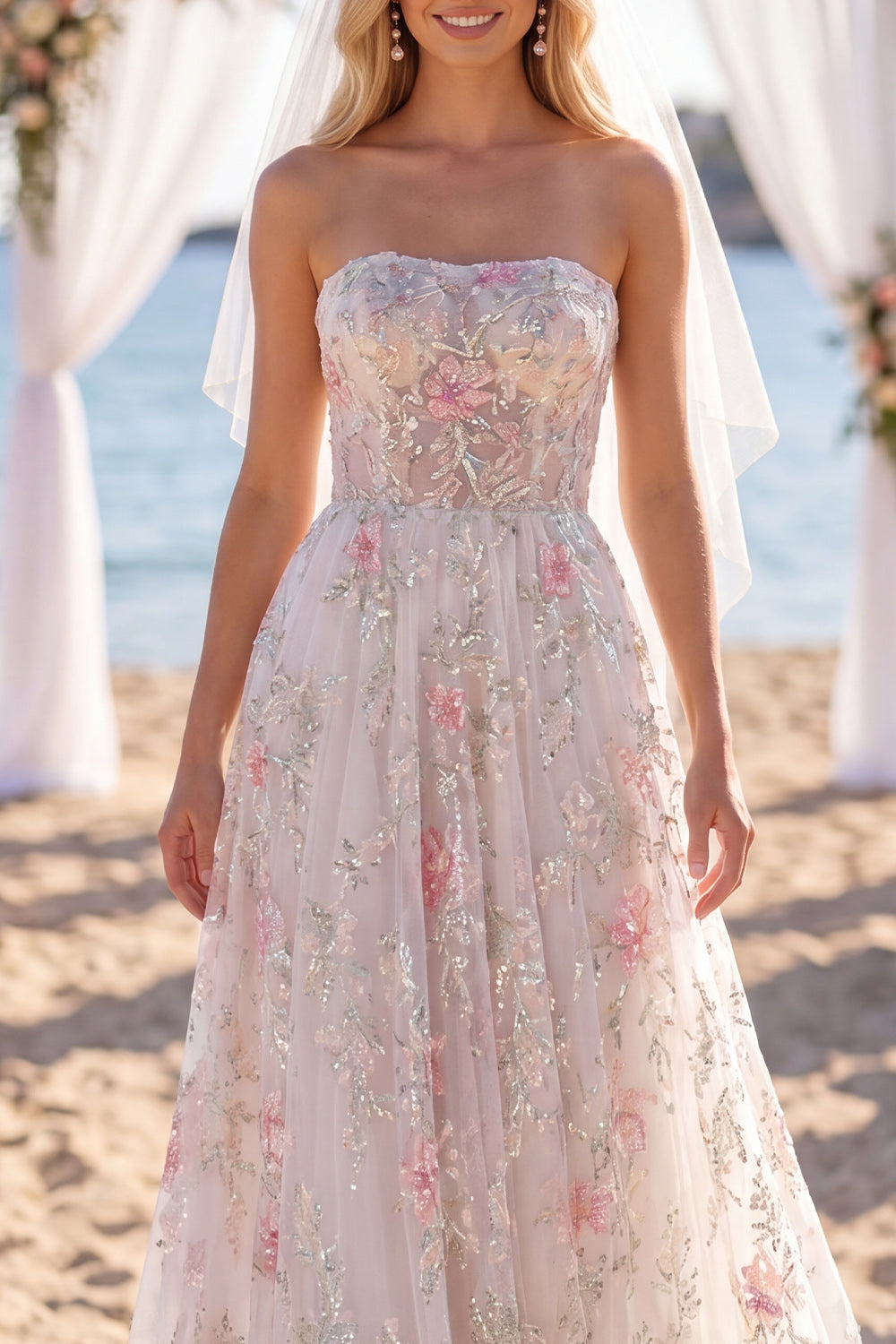 Sparkly White Pink Flower A Line Sweep Train Strapless Wedding Dress with Veils