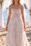 Sparkly White Pink Flower A Line Sweep Train Strapless Wedding Dress with Veils