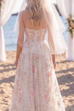 Sparkly White Pink Flower A Line Sweep Train Strapless Wedding Dress with Veils