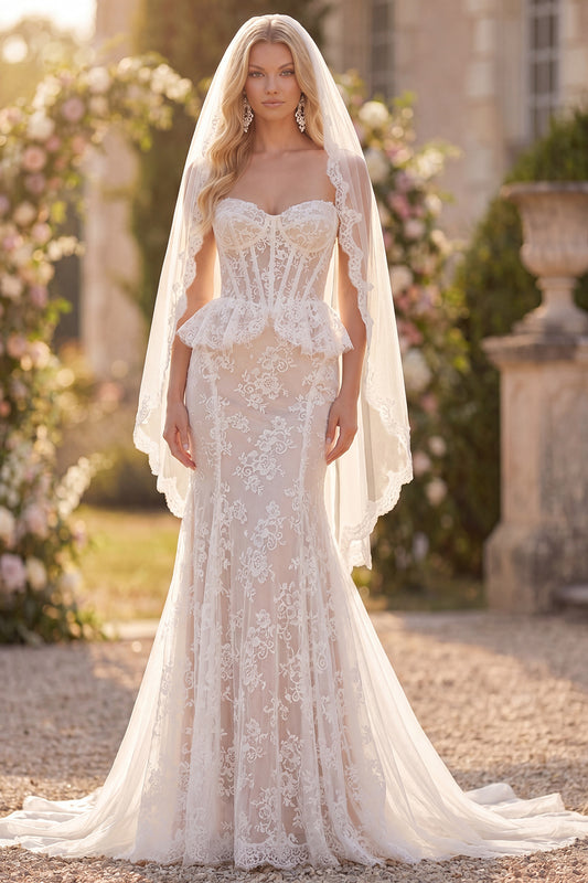Corset White Lace Mermaid Floral Ruffled Sweep Train Boho Wedding Dress with Veils