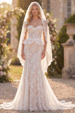 Corset White Lace Mermaid Floral Ruffled Sweep Train Boho Wedding Dress with Veils