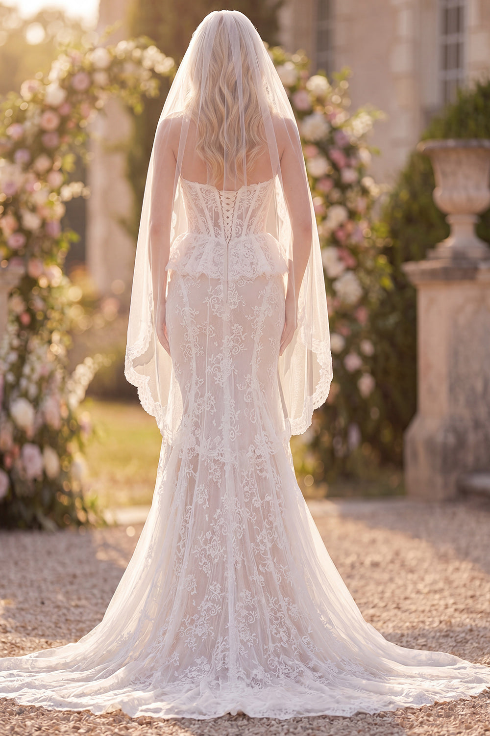 Corset White Lace Mermaid Floral Ruffled Sweep Train Boho Wedding Dress with Veils