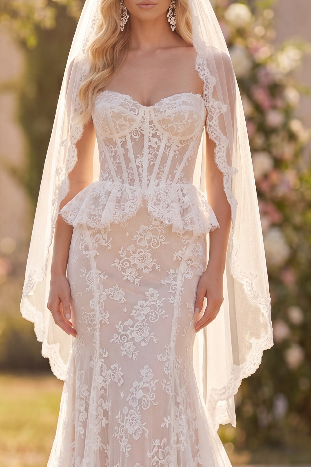 Corset White Lace Mermaid Floral Ruffled Sweep Train Boho Wedding Dress with Veils