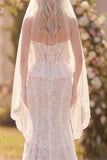 Corset White Lace Mermaid Floral Ruffled Sweep Train Boho Wedding Dress with Veils