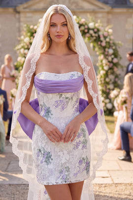 White Purple Flower Lace Strapless Ruched Tight Short Wedding Dress with Veils