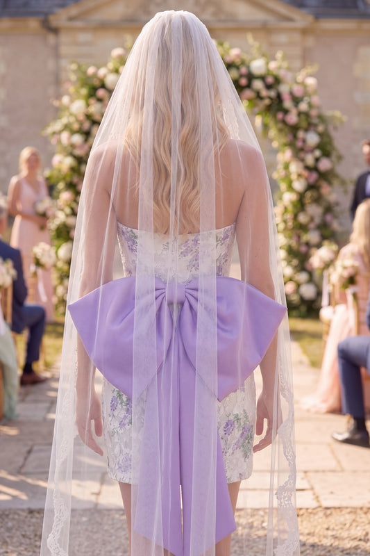 White Purple Flower Lace Strapless Ruched Tight Short Wedding Dress with Veils