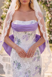 White Purple Flower Lace Strapless Ruched Tight Short Wedding Dress with Veils