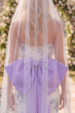 White Purple Flower Lace Strapless Ruched Tight Short Wedding Dress with Veils