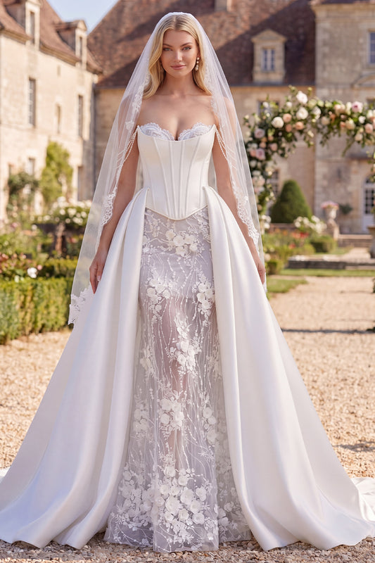 Mermaid Floral Beaded Corset White Sweep Train Wedding Dress with Veils