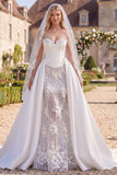 Mermaid Floral Beaded Corset White Sweep Train Wedding Dress with Veils