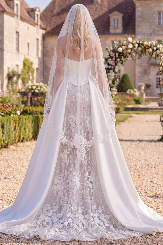 Mermaid Floral Beaded Corset White Sweep Train Wedding Dress with Veils