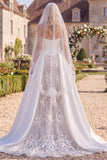 Mermaid Floral Beaded Corset White Sweep Train Wedding Dress with Veils